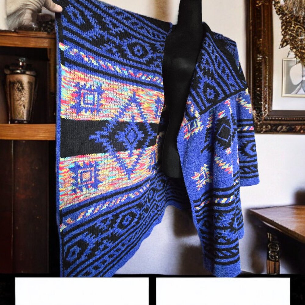 NWOT KAMANA (MED) Aztec/Tribal "Denim Blue" Cardigan Sweater - Picture 5 of 7
